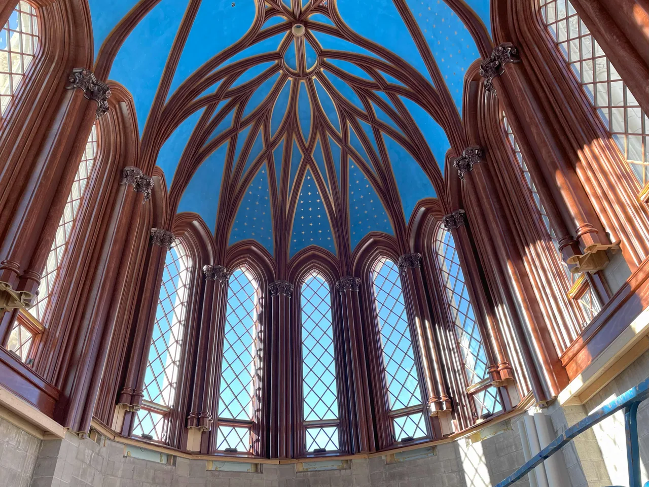 The blue and gold vaulted ceiling of the Chapter House